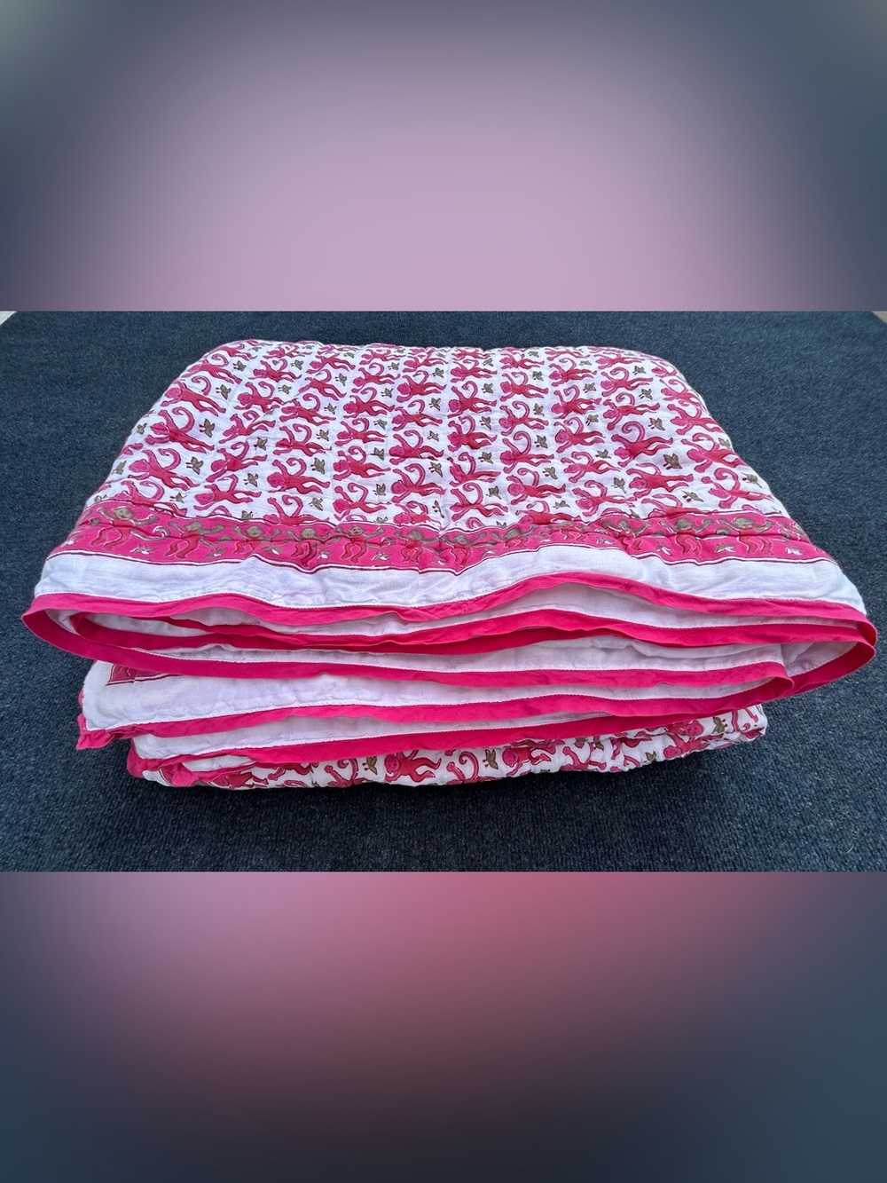 Roberta Roller Rabbit Pink Monkey & Stripe Block Print Cotton Quilt - Full Size - Picture 2 of 14